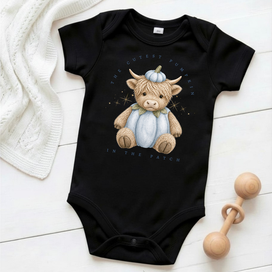 The Cutest Pumpkin in the Patch - Blue Highland Cow - Baby Grow