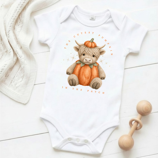 The Cutest Pumpkin in the Patch - Orange Highland Cow - Baby Grow