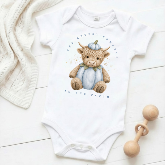 The Cutest Pumpkin in the Patch - Blue Highland Cow - Baby Grow