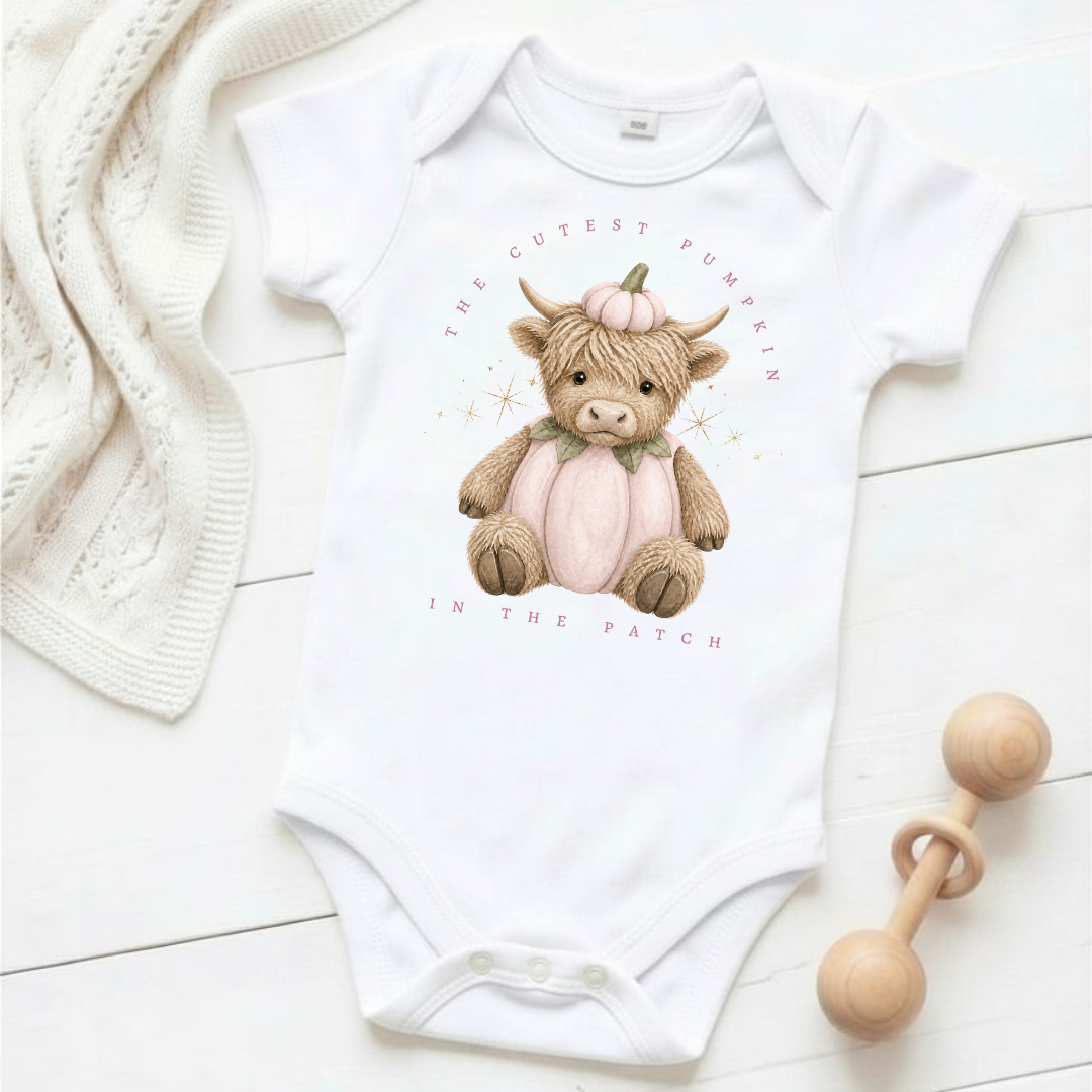 The Cutest Pumpkin in the Patch - Pink Highland Cow - Baby Grow