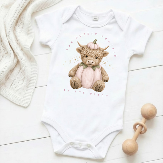 The Cutest Pumpkin in the Patch - Pink Highland Cow - Baby Grow