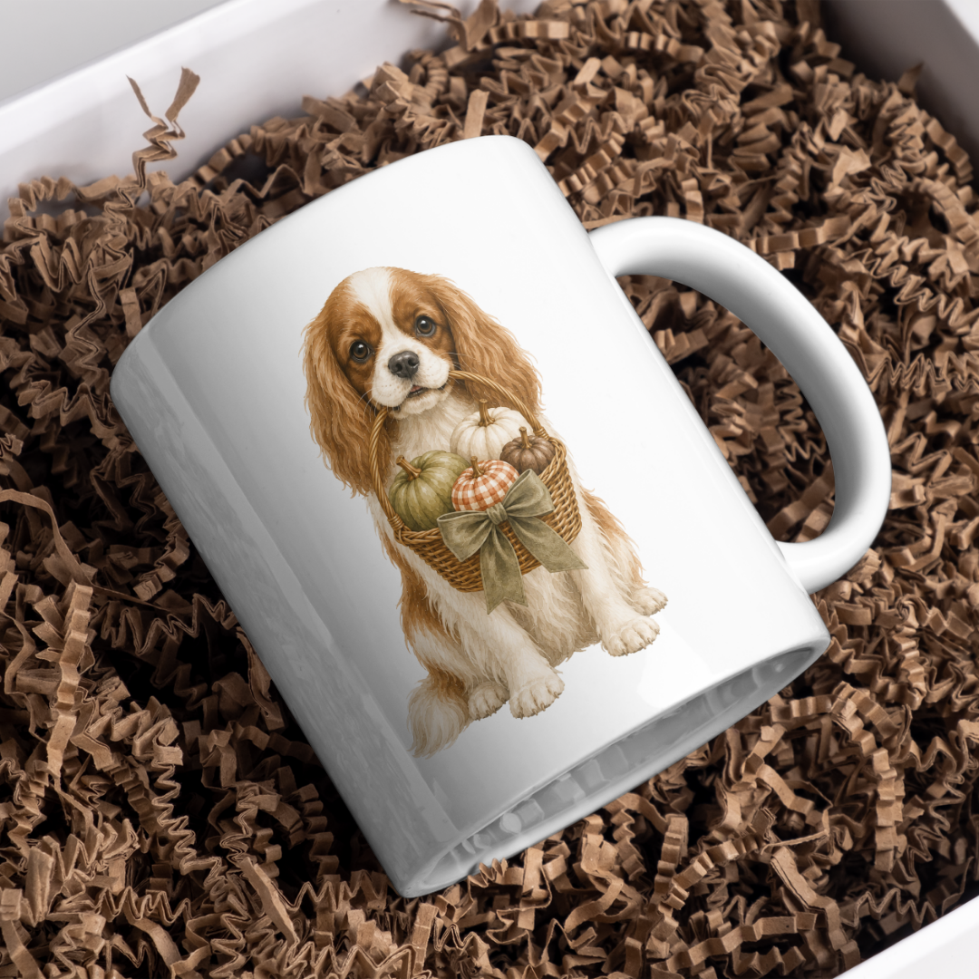 "Autumn is Here" - Cavalier King Charles Spaniel - The Dog Collection - White Mug