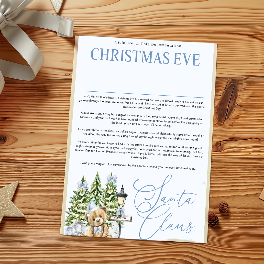 An official North Pole Christmas Eve documentation letter print, styled on a wooden background with a ribbon, star, and pine cone.