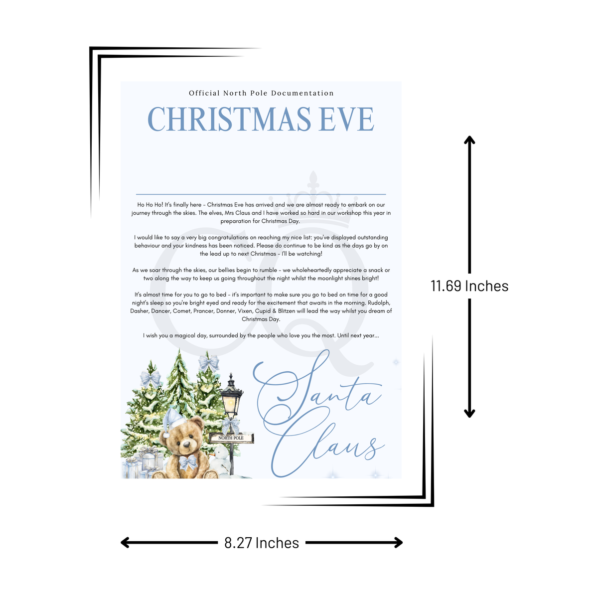 A Christmas Eve themed North Pole document template with text and illustrations, shown with dimension arrows indicating 11.69 inches tall by 8.