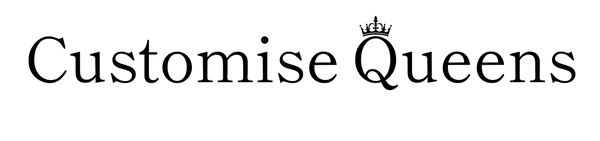 Vertical black text reading 'Customise Queens' on a plain white background, with a small crown above the Q.