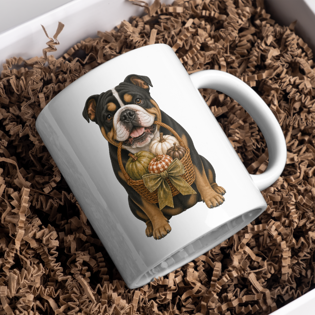 "Autumn is Here" - English Bulldog - The Dog Collection - White Mug