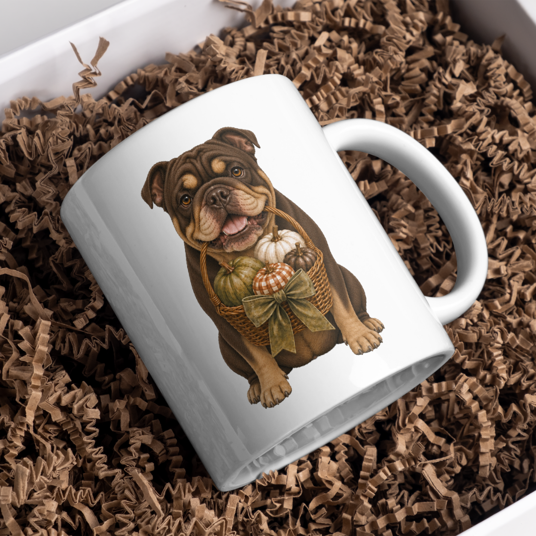 "Autumn is Here" - English Bulldog - The Dog Collection - White Mug