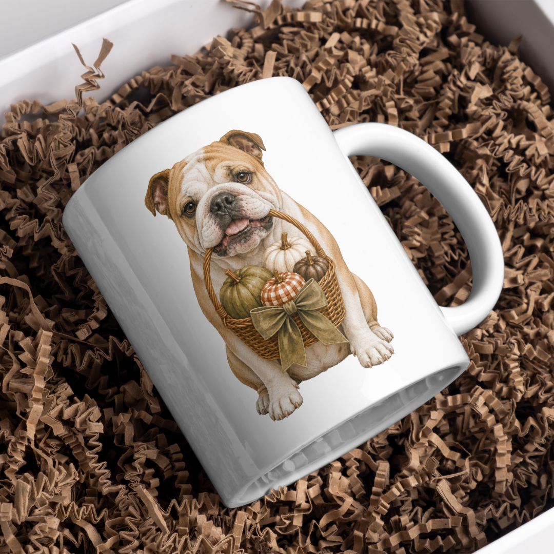 "Autumn is Here" - English Bulldog - The Dog Collection - White Mug