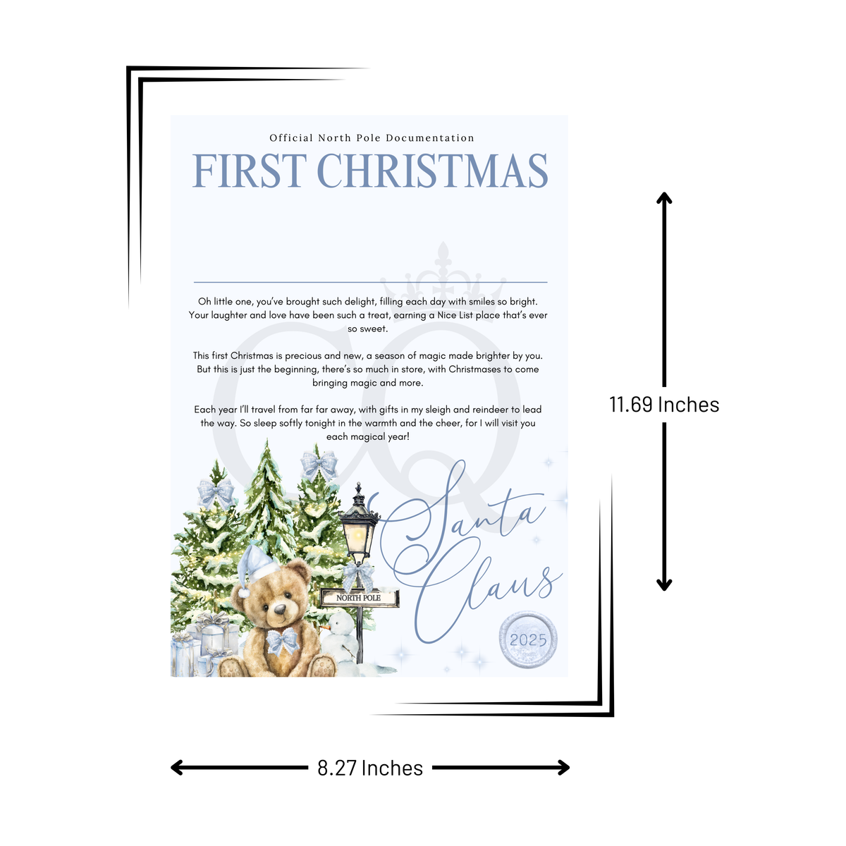 A printable First Christmas North Pole style certificate shown with dimension arrows and labels indicating 11.69 inches tall by 8.