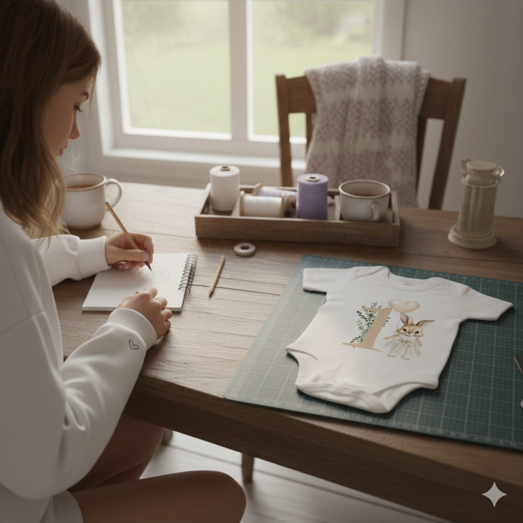 Woman sitting at a table with a baby onesie and notebook, possibly planning or designing.