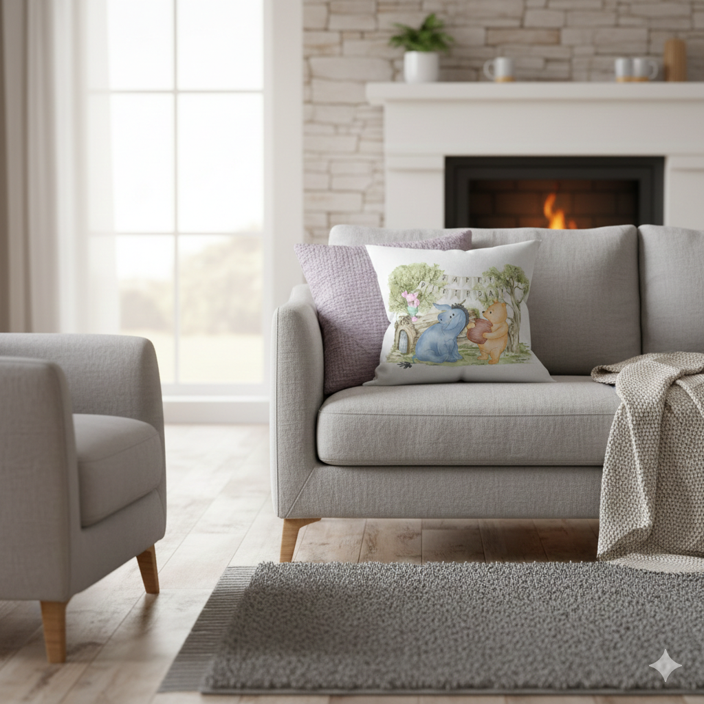 Cozy living room with a gray sofa, armchair, and fireplace.