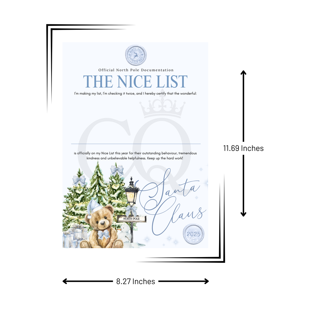 A printed 'The Nice List' novelty document shown with dimension arrows and labels indicating 11.69 inches tall by 8.