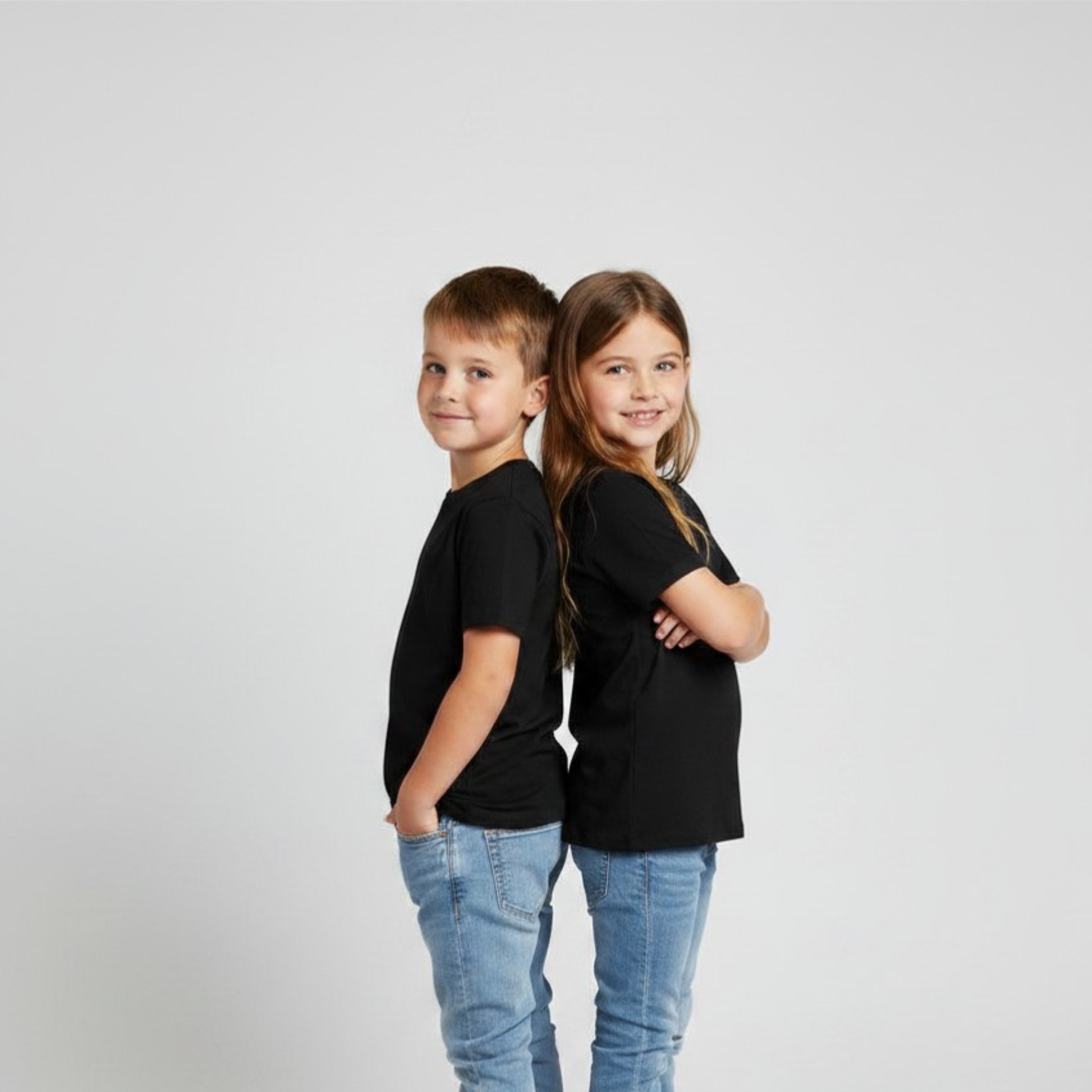 Two children wearing black t-shirts and blue jeans standing back-to-back on a light gray background